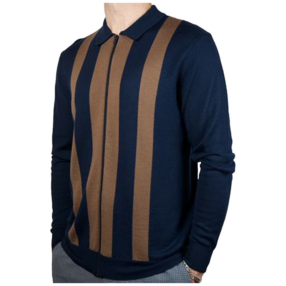 /Art Gallery 60's Retro Mod Bold Stripe Zip Through L/S Knit Polo Cardigan Navy | Adaptor Clothing